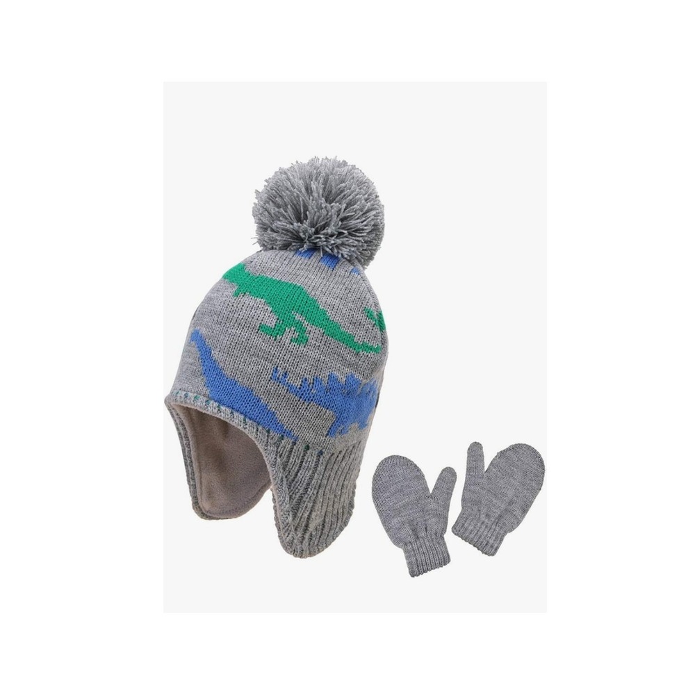 Kids Dinosaur Knit Beanie Hat with Ear Flaps Fleece Lined and Mittens Set Grey